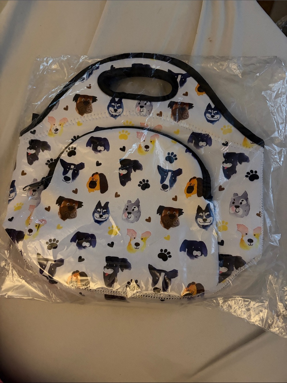 Cute Dog Print Neoprene Lunch Tote - White with Multicolor Pups